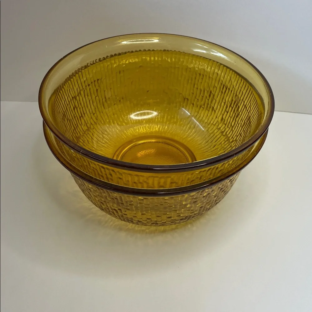 Vintage Indiana Glass Crystal Amber Tree bark Textured Serving Bowls - Set of 2 - Picture 2 of 5